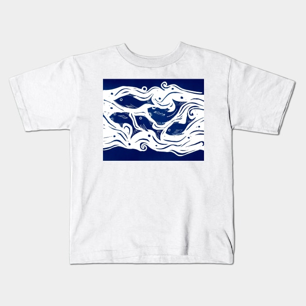 Fish Linocut in Blue and White Kids T-Shirt by Maddybennettart